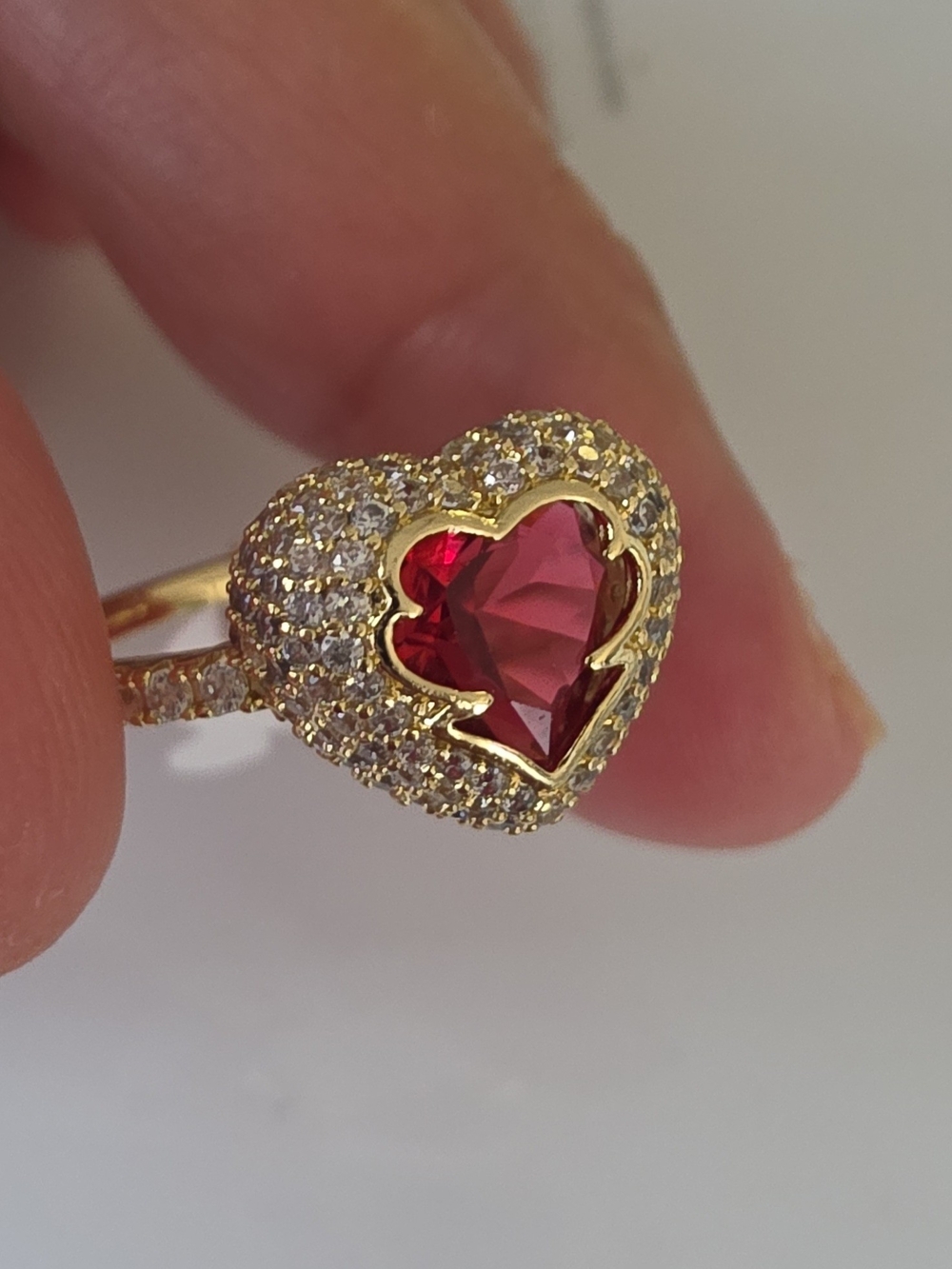 Gold Heart Ring with Red Heart Gemstone and Pavé Crystals